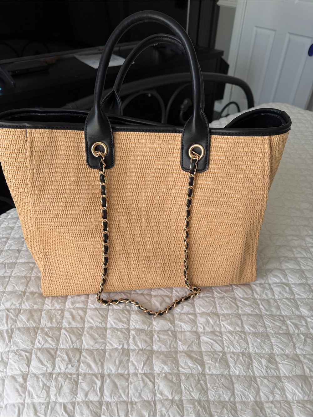 Urban Expressions Tan Woven Tote with Black Trim and Gold Chain - Picture 1 of 4